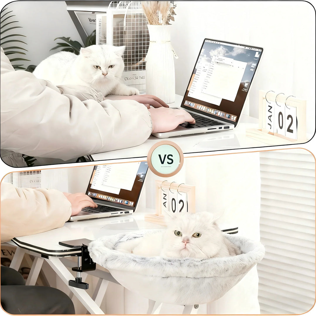 Adjustable pet hammock for desks, featuring a durable frame and soft gray faux fur bed.