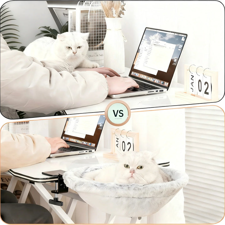 Adjustable pet hammock for desks, featuring a durable frame and soft gray faux fur bed.