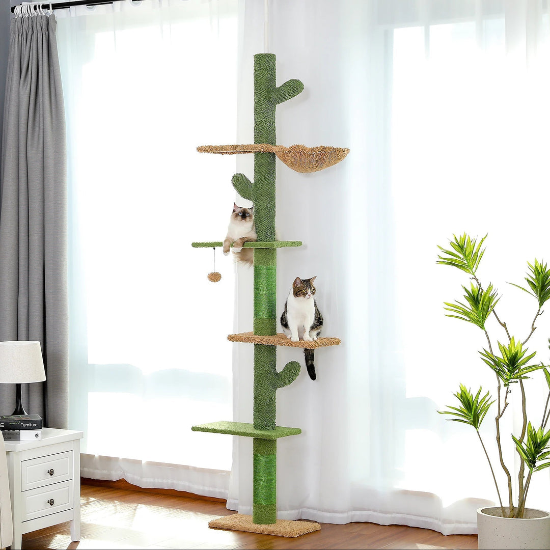 Adjustable cat tree with fuzzy cactus scratching post, multi-tier platforms, and soft hammock for indoor cats.