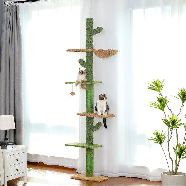 Adjustable cat tree with fuzzy cactus scratching post, multi-tier platforms, and soft hammock for indoor cats.