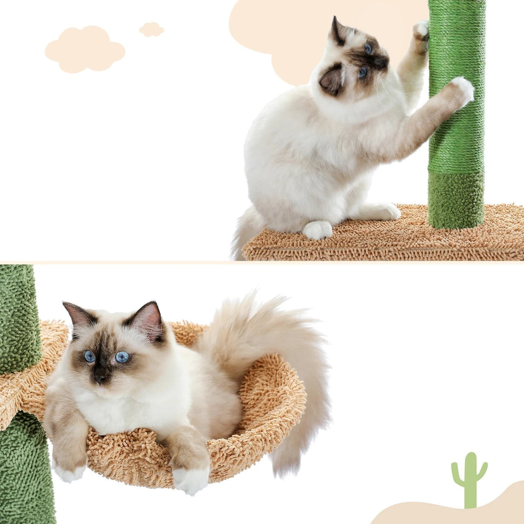 Unisex cat tower featuring unique cactus design, sisal scratching post, and cozy plush hammock for feline climbing.