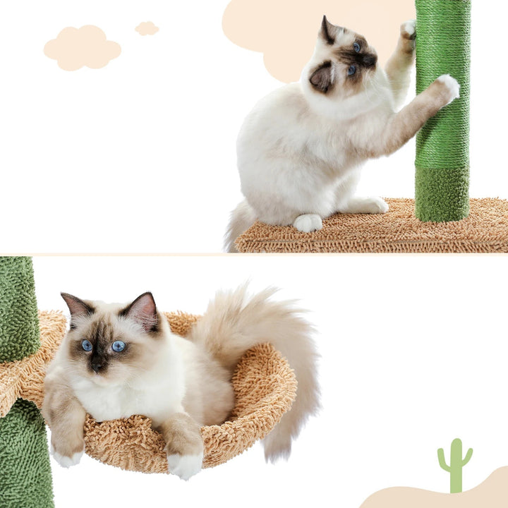 Unisex cat tower featuring unique cactus design, sisal scratching post, and cozy plush hammock for feline climbing.