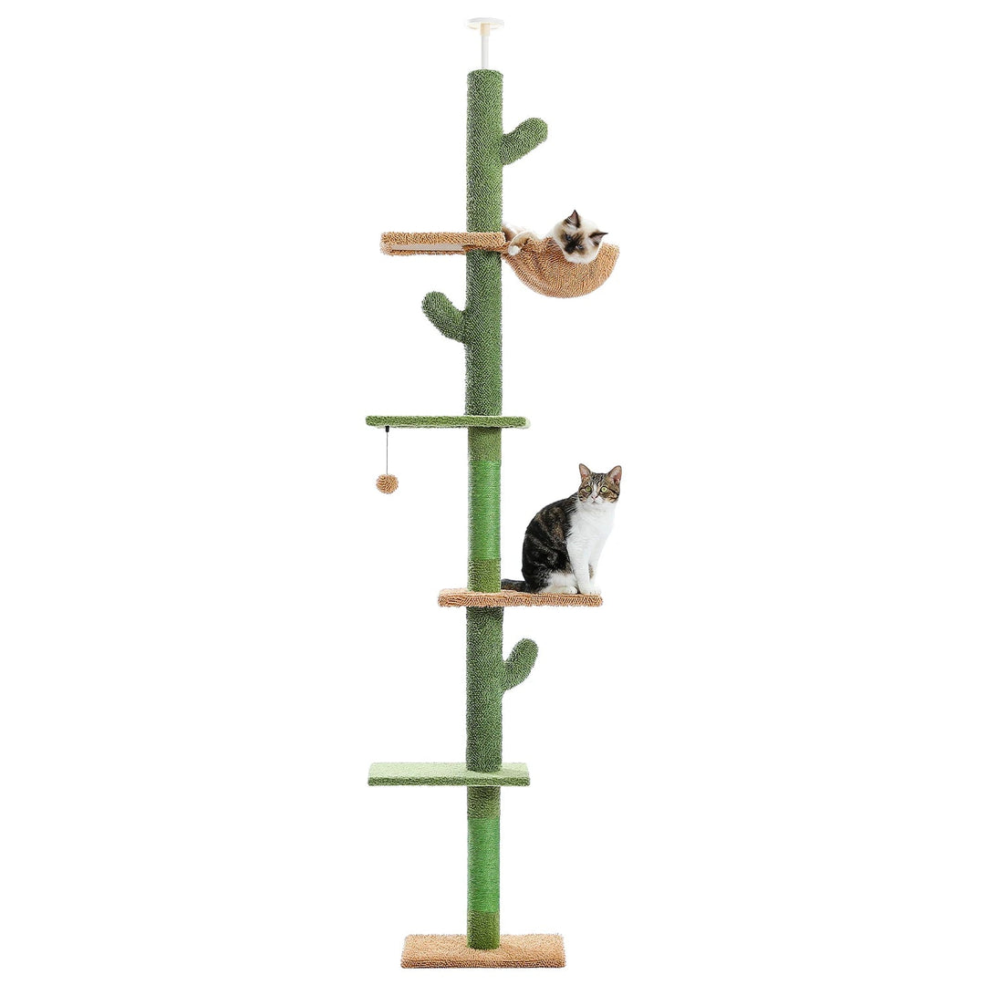 Pet furniture: multi-level adjustable cat tree with green cactus details, integrated scratching post, and cat hammock.