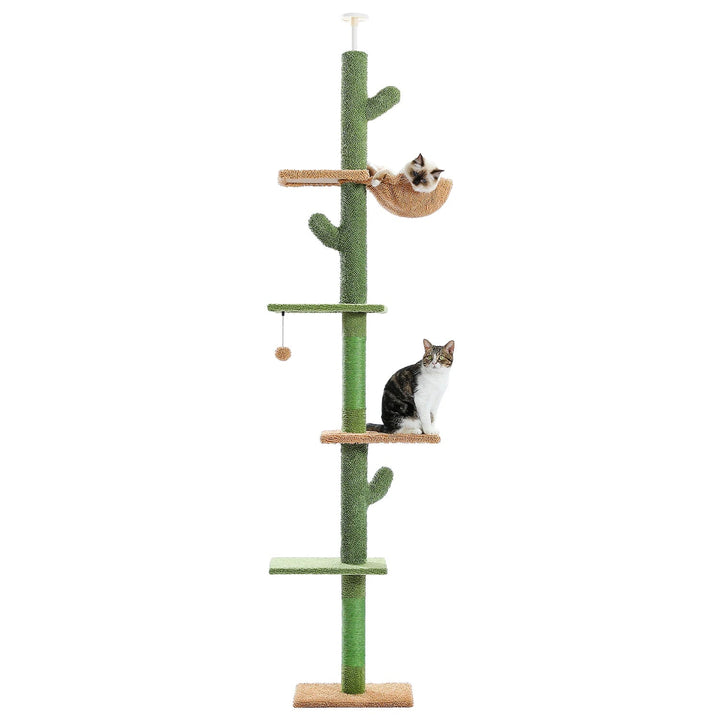 Pet furniture: multi-level adjustable cat tree with green cactus details, integrated scratching post, and cat hammock.