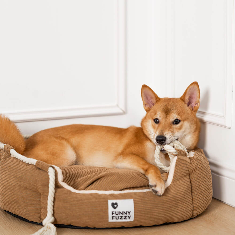 Luxury chew-resistant cat bed with adjustable pull rope and soft corduroy