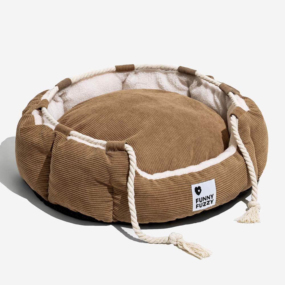 Teething toy dog bed: adjustable, chew-resistant, machine washable corduroy
