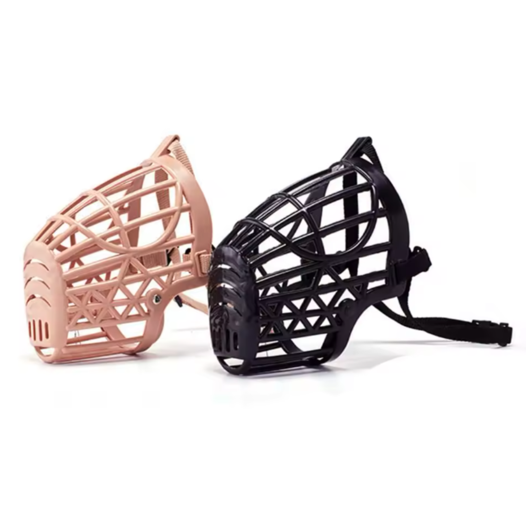 Pet safety muzzle, fully adjustable and breathable, ideal for dog training and preventing bites.