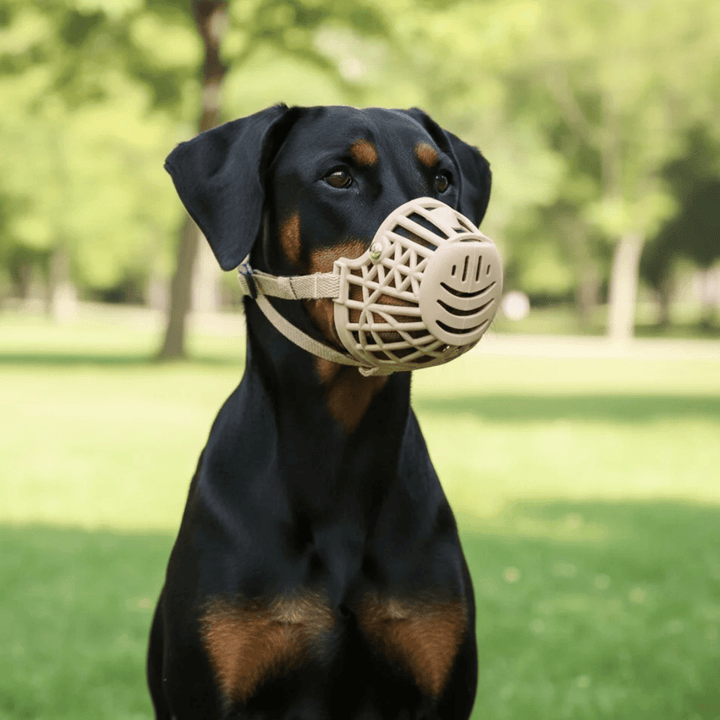 Training aid dog muzzle, lightweight and breathable, with adjustable straps for all-day comfort.