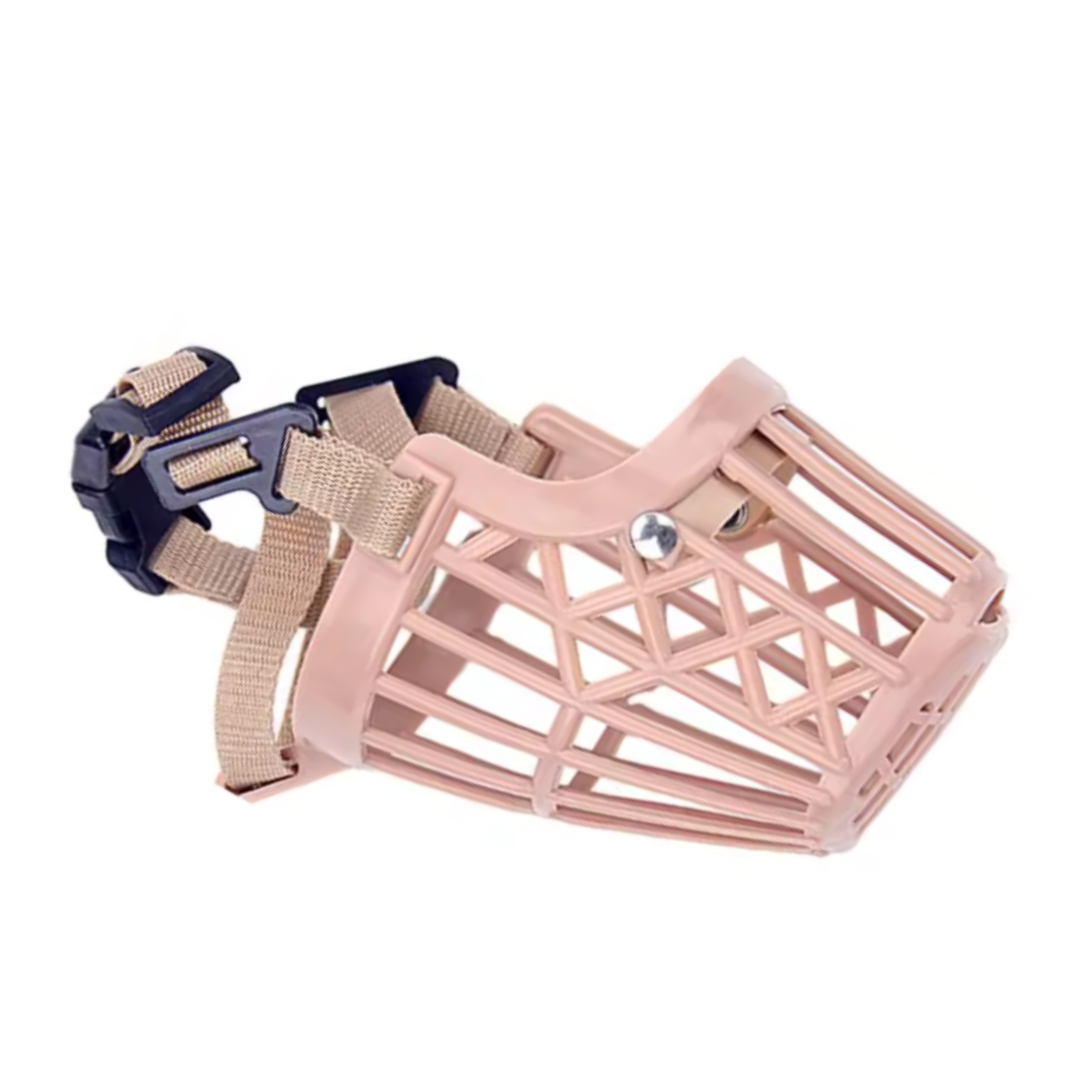 Durable pet muzzle with adjustable fit, breathable basket weave for dog comfort during training.