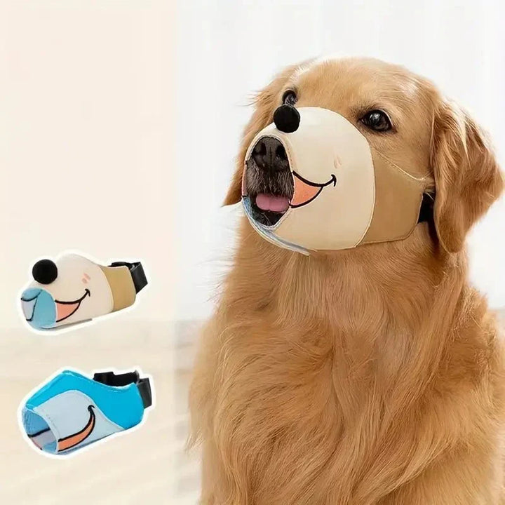 Sky blue cartoon dog muzzle. Adjustable & comfortable pet accessory for training, safe walks & chew prevention.