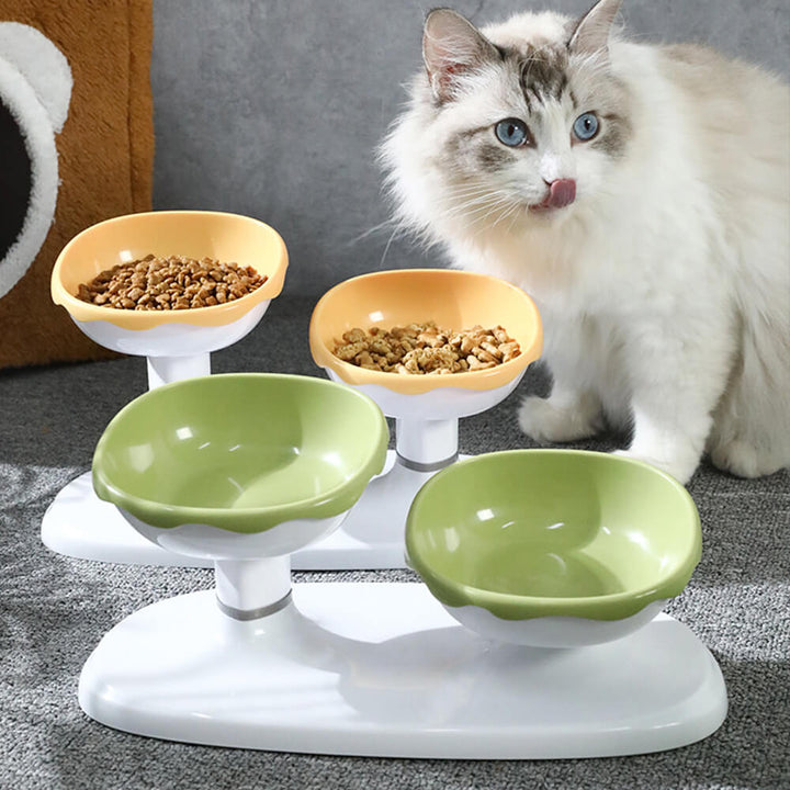 Adjustable double pet feeding bowl in gray with raised stand for neck protection, suitable for cats & small dogs