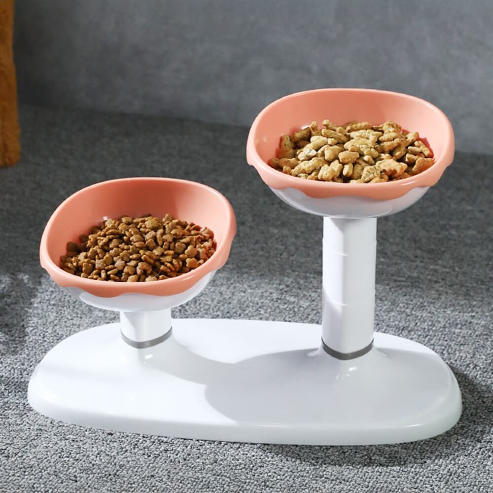 Two stainless steel pet bowls in an adjustable, elevated feeder, essential pet supplies for comfortable eating