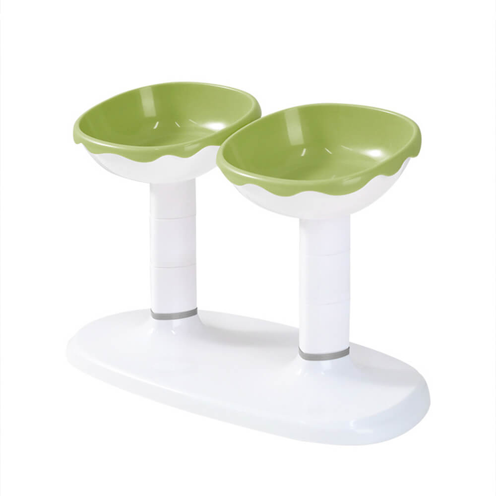 High-angle view of a clean adjustable double pet bowl, ideal for water and food, easy to maintain
