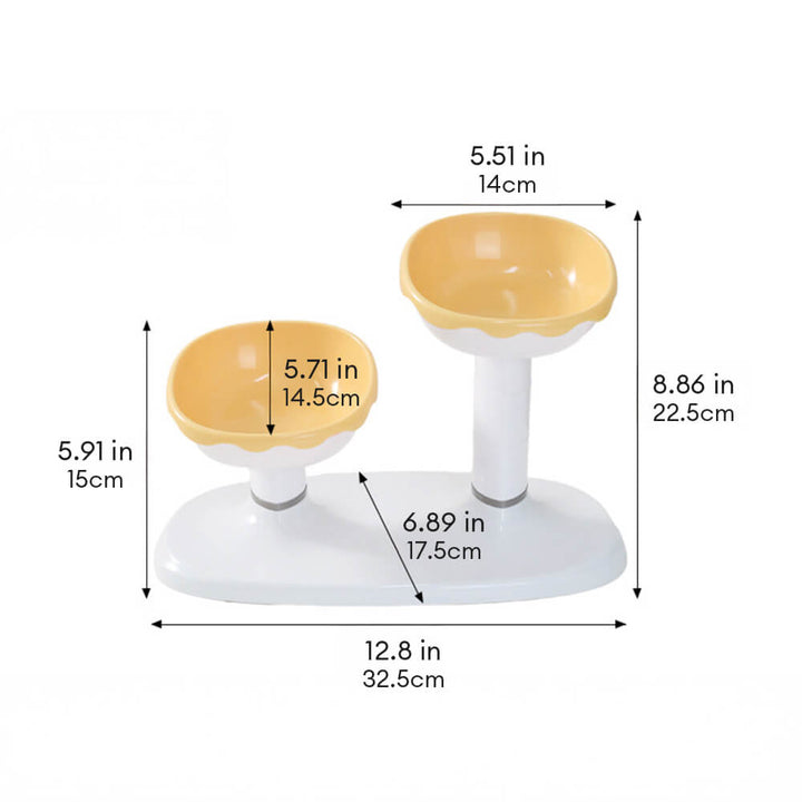 Compact adjustable double pet feeder, space-saving design, with ergonomic neck protection for cats & dogs