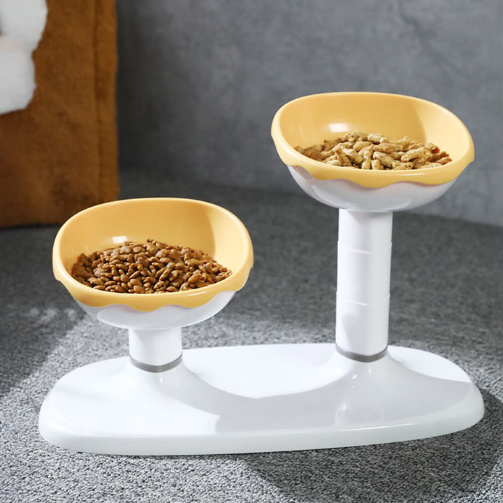Pet feeding station with two elevated bowls, white ceramic, designed for neck protection of cats and dogs