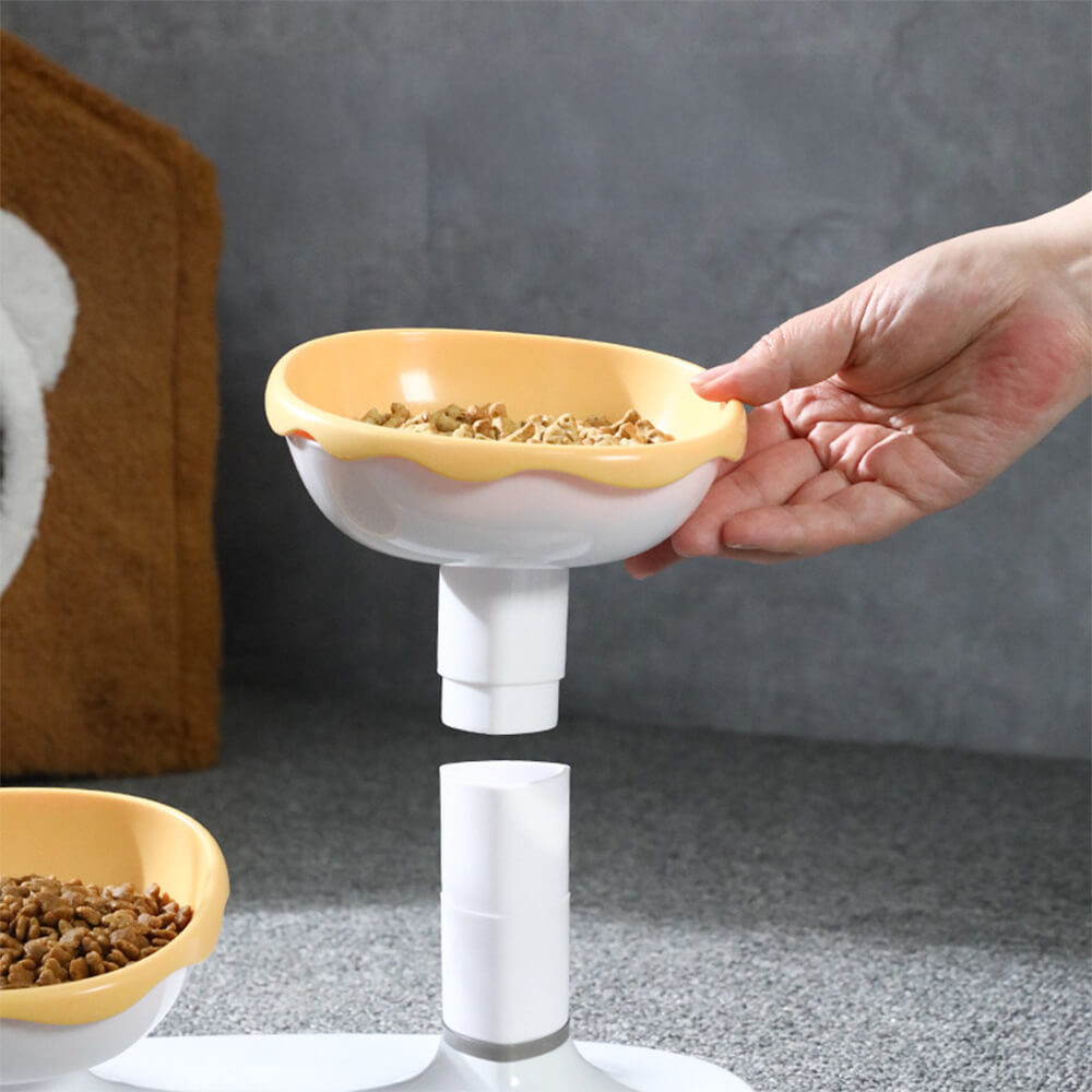 Side view of modern adjustable double pet bowl in black, promoting healthy posture for eating pets