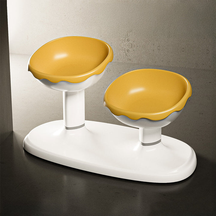 Raised double pet bowl with a sturdy, adjustable stand, protecting pet's neck during meal times