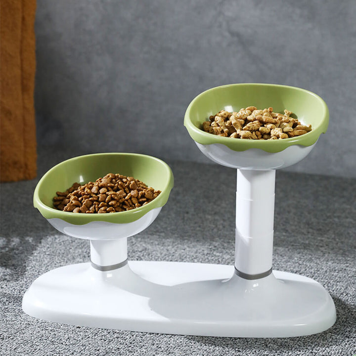 Detail of the adjustable mechanism on a double pet feeding bowl, showcasing customizable height for pets