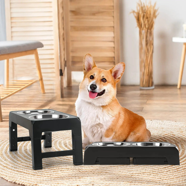 Adjustable elevated dog bowl stand, ergonomic design in white, supports healthy pet dining