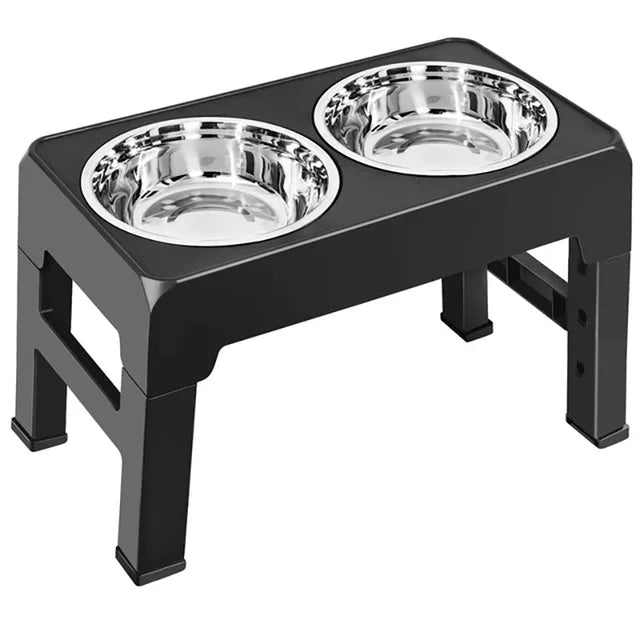 Ergonomic pet dining stand, white, with two stainless steel bowls shown, ideal for dog health
