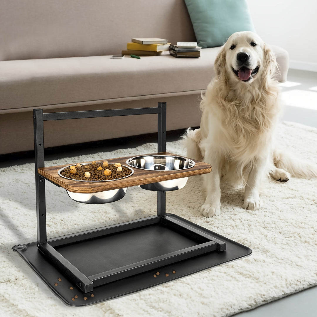 Adjustable elevated dog bowls with two stainless steel inserts, promoting better digestion & posture for pets.