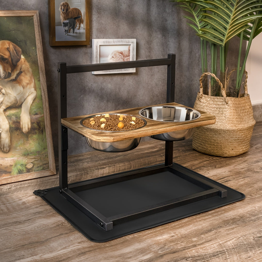 Elevated feeder with two removable stainless steel bowls, adjustable height for comfortable pet dining.