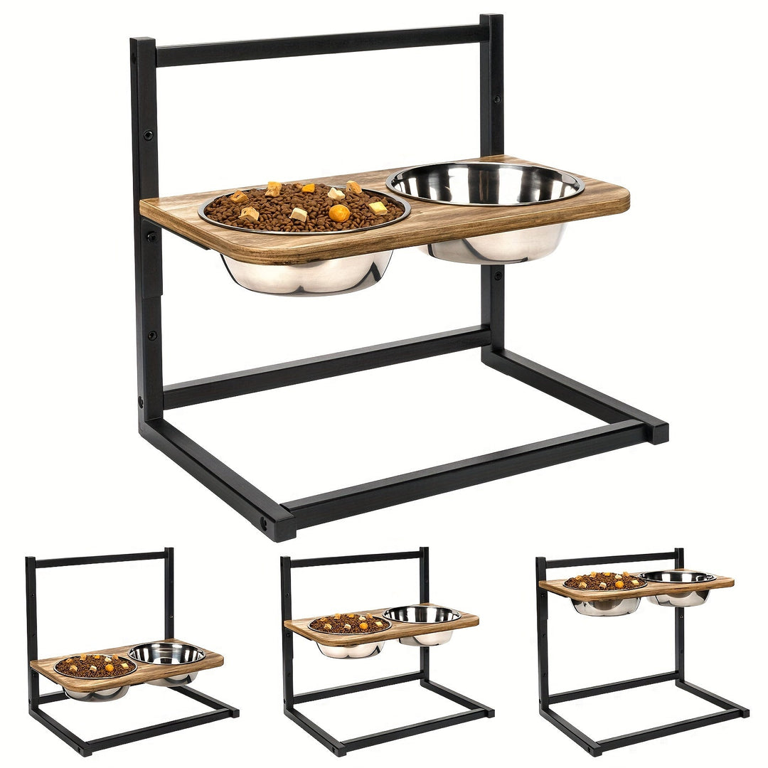 Adjustable height dog bowls in black with two steel inserts, designed for digestion support & posture correction.