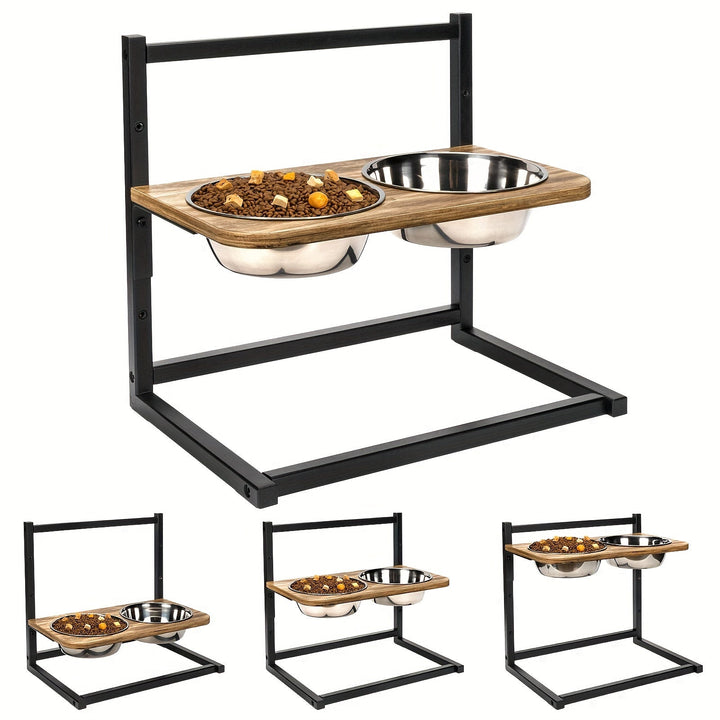 Adjustable height dog bowls in black with two steel inserts, designed for digestion support & posture correction.