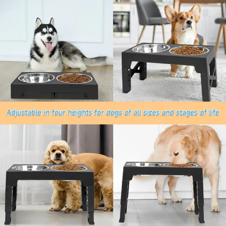 Adjustable elevated pet feeder with double stainless steel bowls for dogs, anti-gulping design, dog feeding