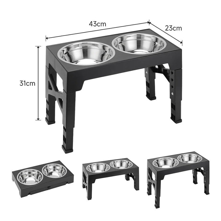 Elevated pet feeder featuring two stainless steel slow feeder bowls, adjustable for dog's comfort