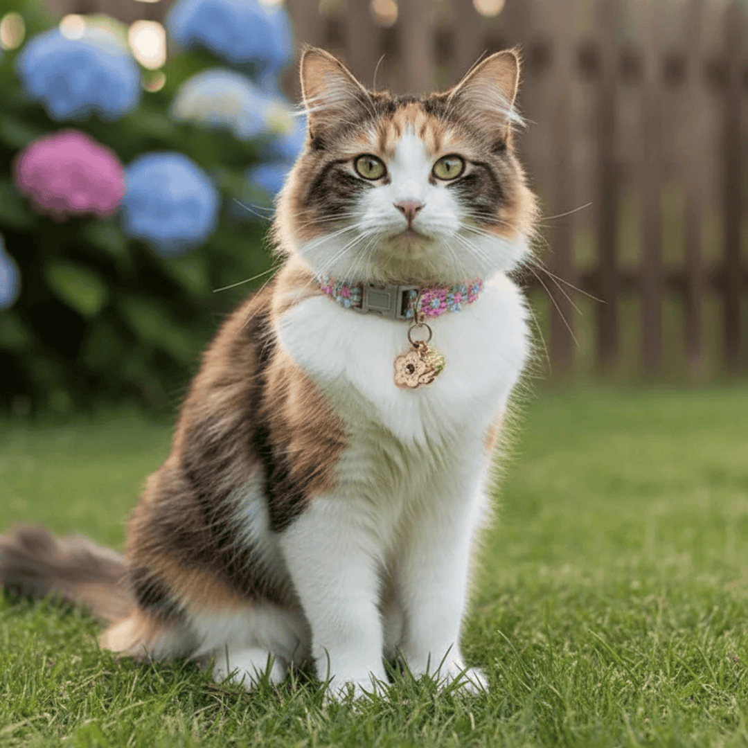 Small pet collar: pink floral pattern, adjustable buckle, and safety bell