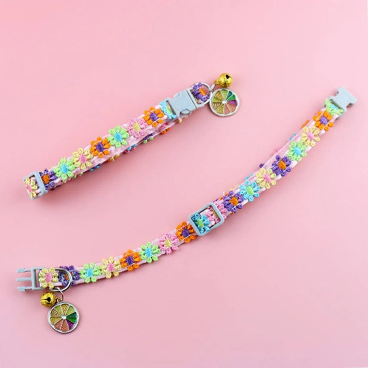 Comfortable adjustable cat collar with bell, showcasing a charming floral design