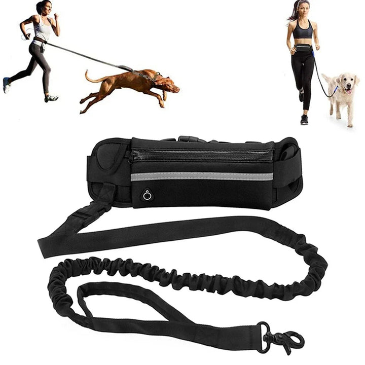 Reflective hands-free dog leash with integrated hip bag for pet owners