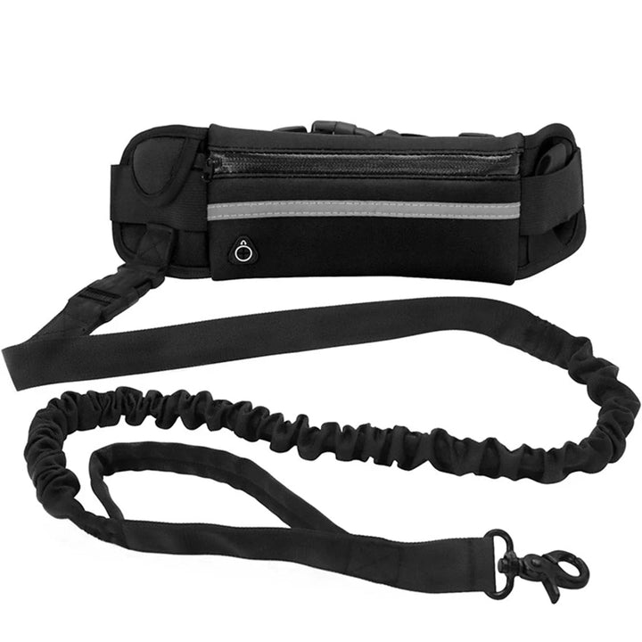Black adjustable nylon hands-free dog leash and hip bag for active dog owners