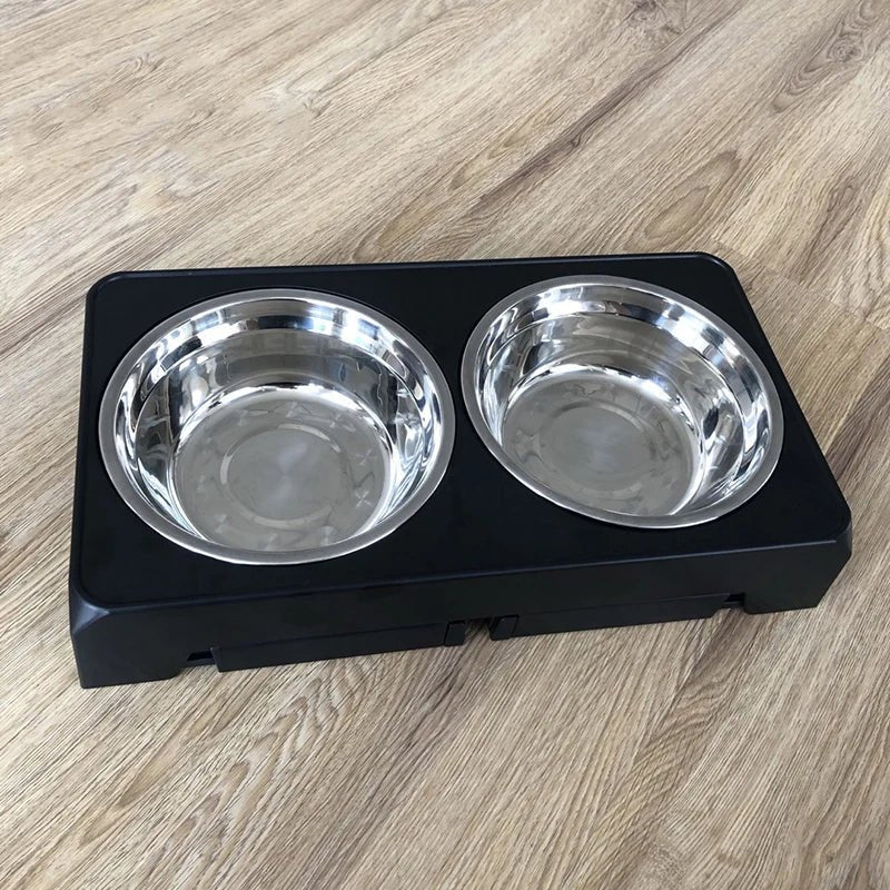 Healthy eating elevated dog bowl, featuring durable stainless steel bowls and adjustable height for comfort.
