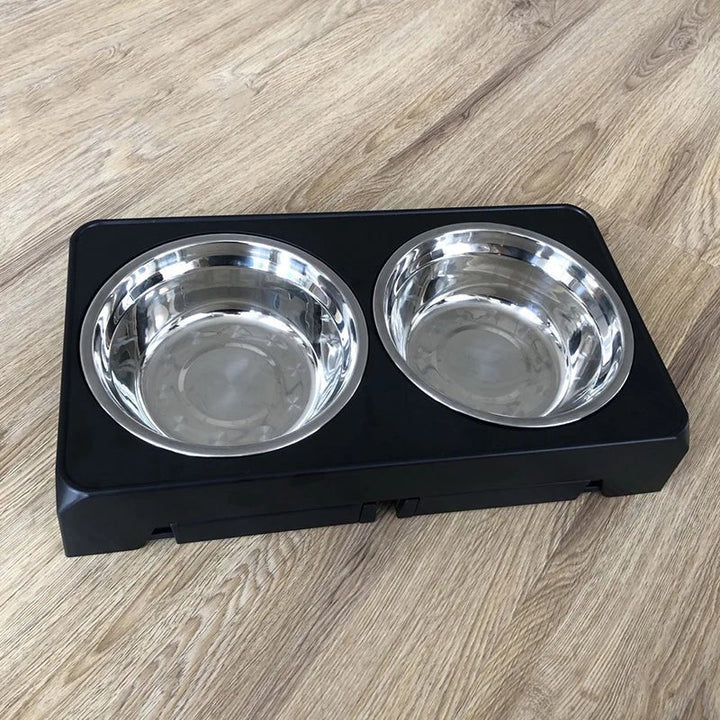Healthy eating elevated dog bowl, featuring durable stainless steel bowls and adjustable height for comfort.