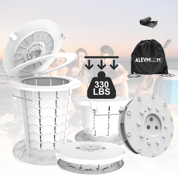 Black portable emergency toilet, foldable for easy transport & outdoor gear.