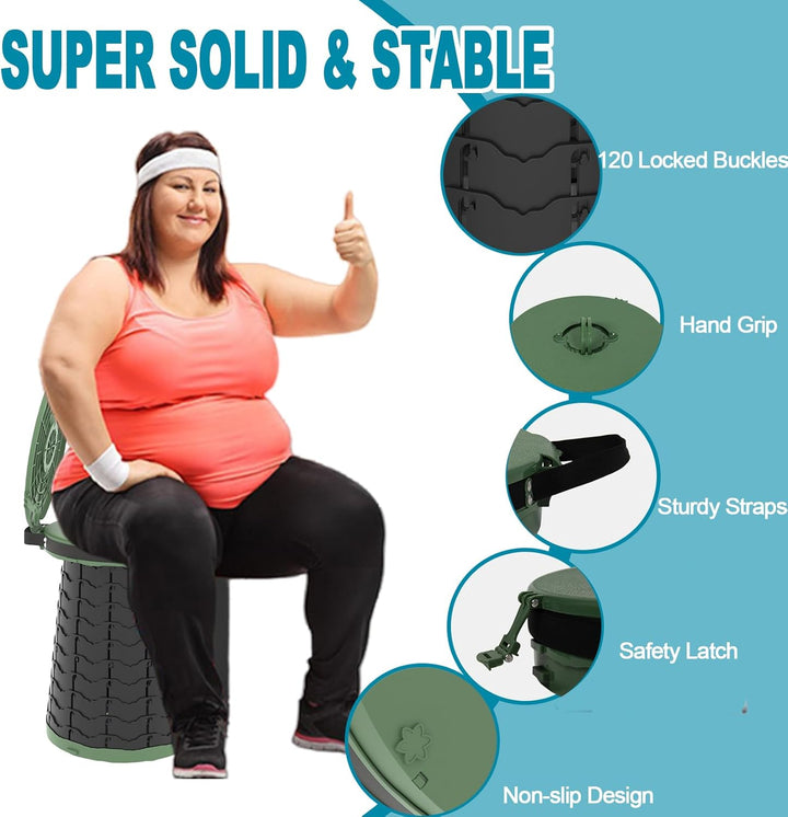 Green & black portable toilet for camping, hiking, and emergency use.