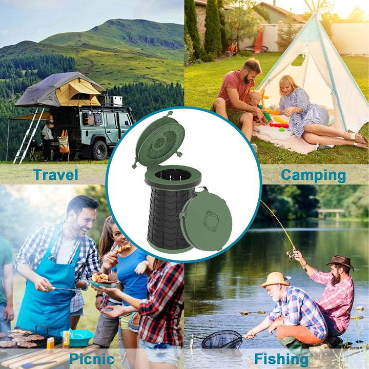 Durable portable camping toilet with adjustable height, green & black design.