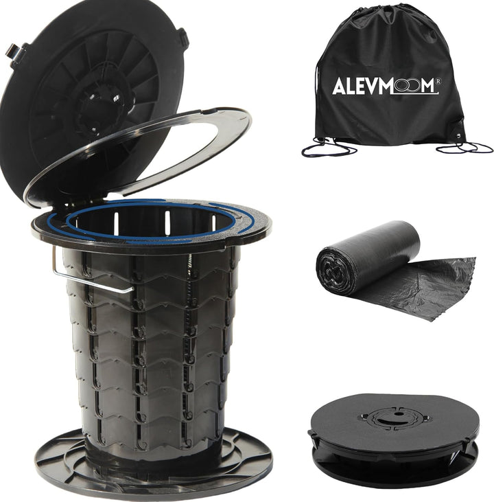 Portable camping commode with adjustable height, easy to transport & set up.