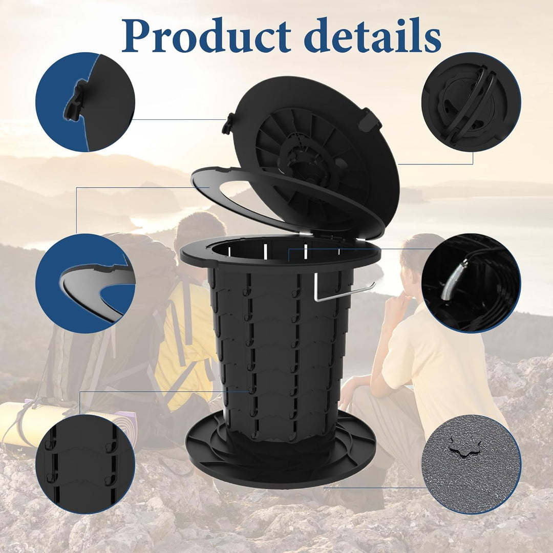 Black adjustable portable toilet for camping, hiking, and emergency kits.