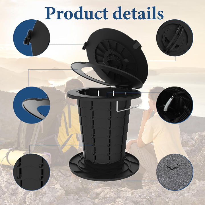Black adjustable portable toilet for camping, hiking, and emergency kits.