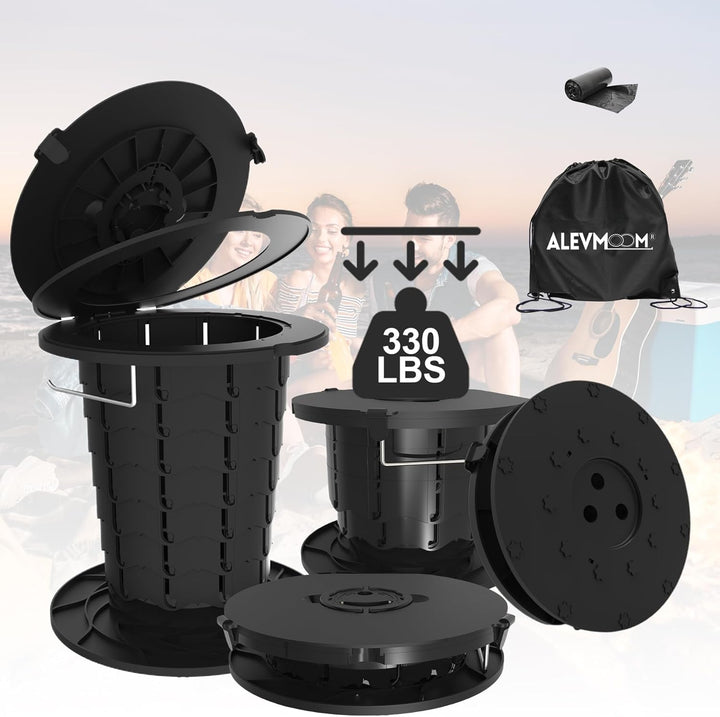 Foldable portable commode, adjustable for camping, travel, and emergencies.