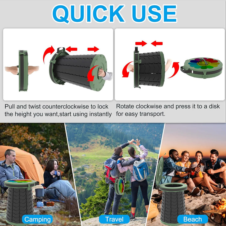 Folding portable toilet with adjustable height for camping, hiking, & emergency.