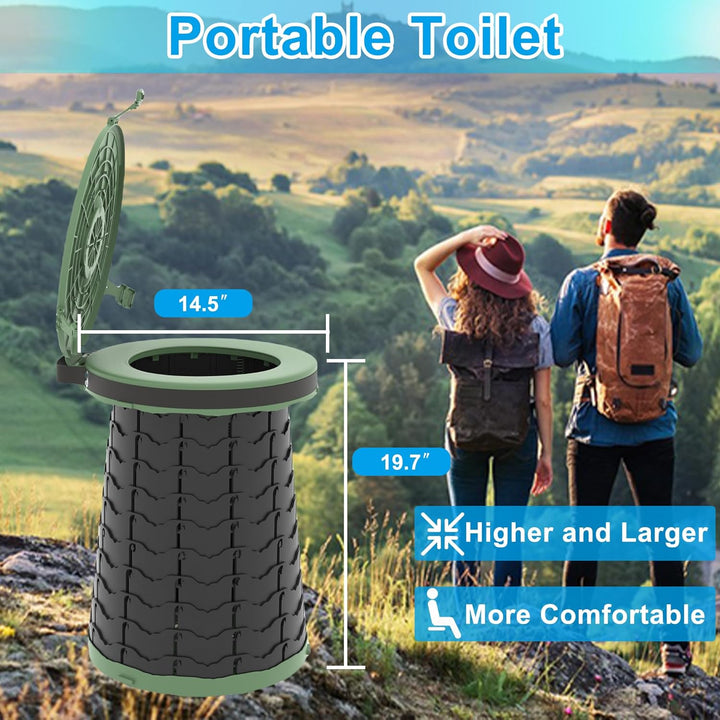 Portable travel commode with adjustable height for camping & outdoor gear.