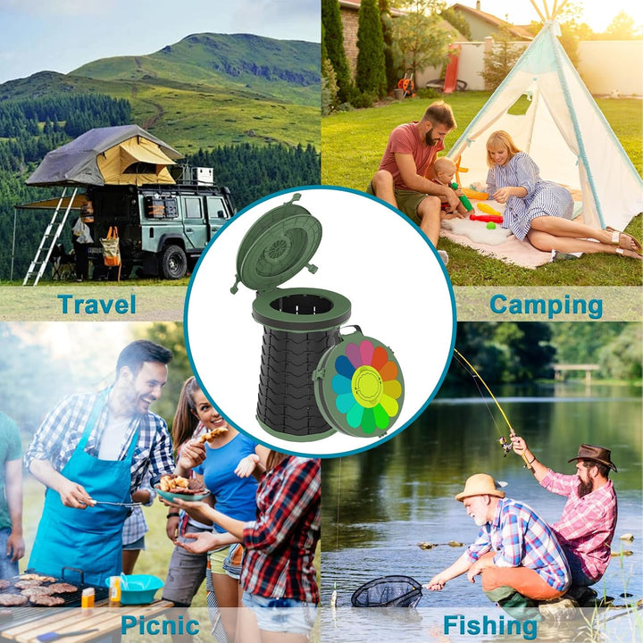 Compact portable toilet for camping trips, road trips, and outdoor adventures.