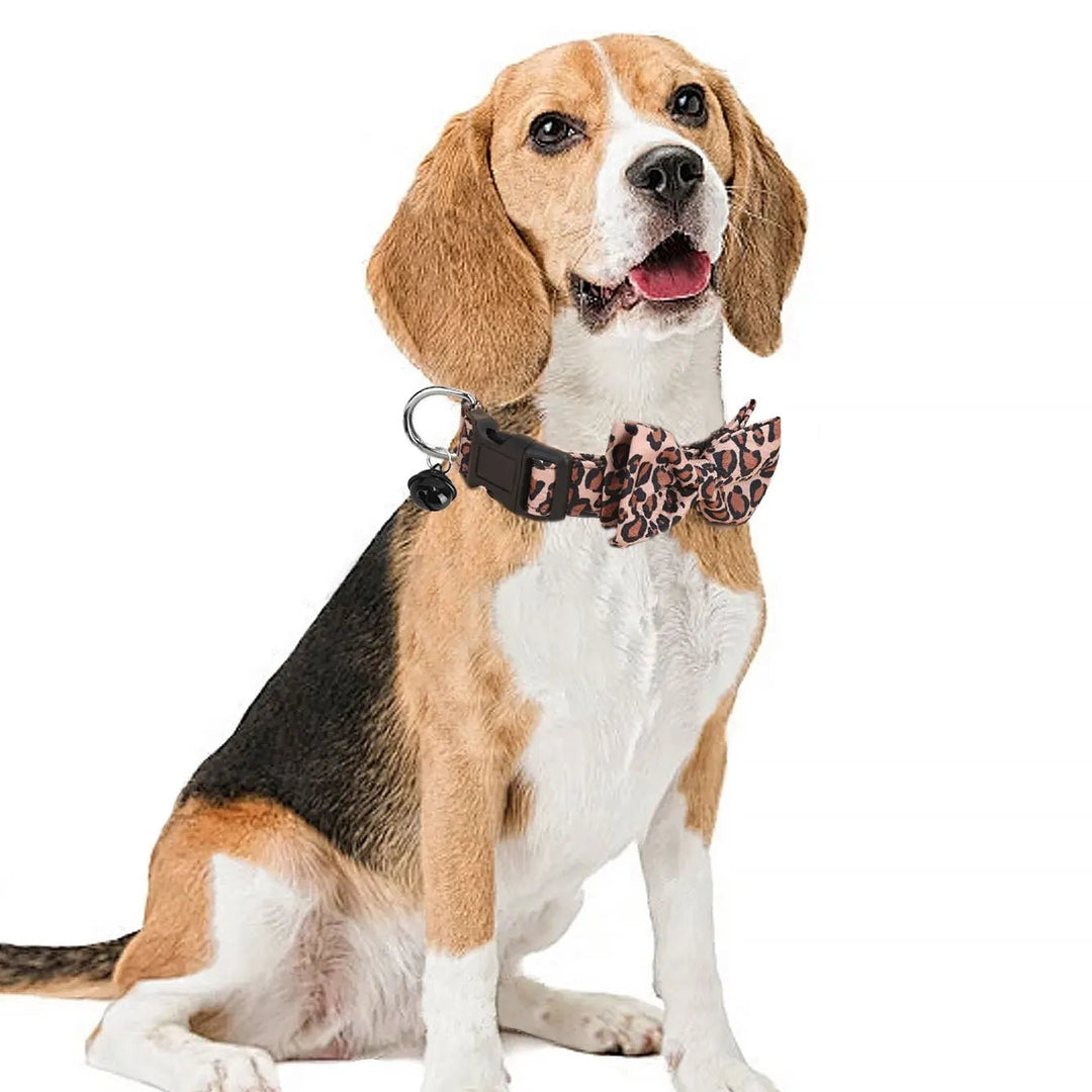 Small pet fashion accessory: Leopard print adjustable collar with cute bow and bell, perfect for cats or small dogs.