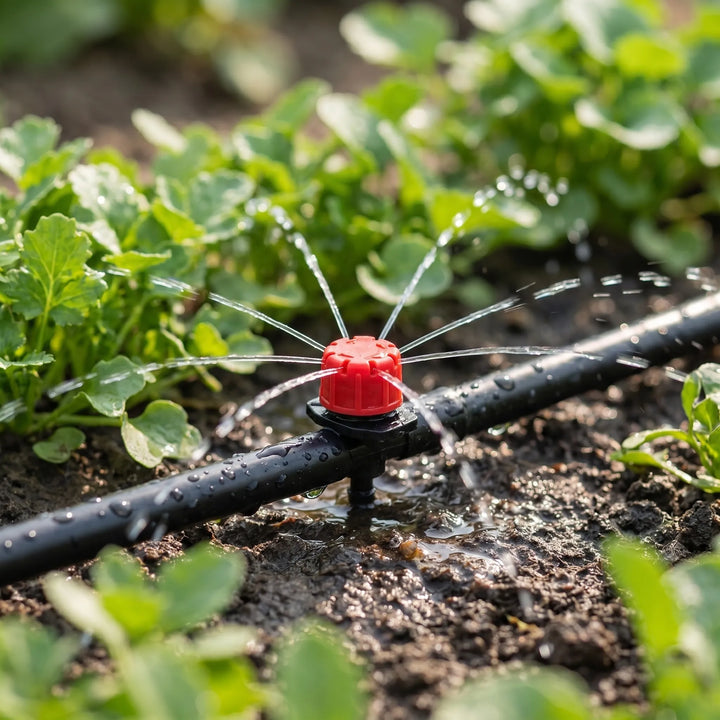 Adjustable micro irrigation drippers for efficient watering of garden beds and potted plants, saving water.
