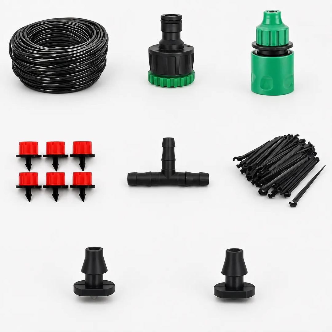Durable adjustable irrigation drippers designed for easy installation in outdoor garden and potted plant setups.