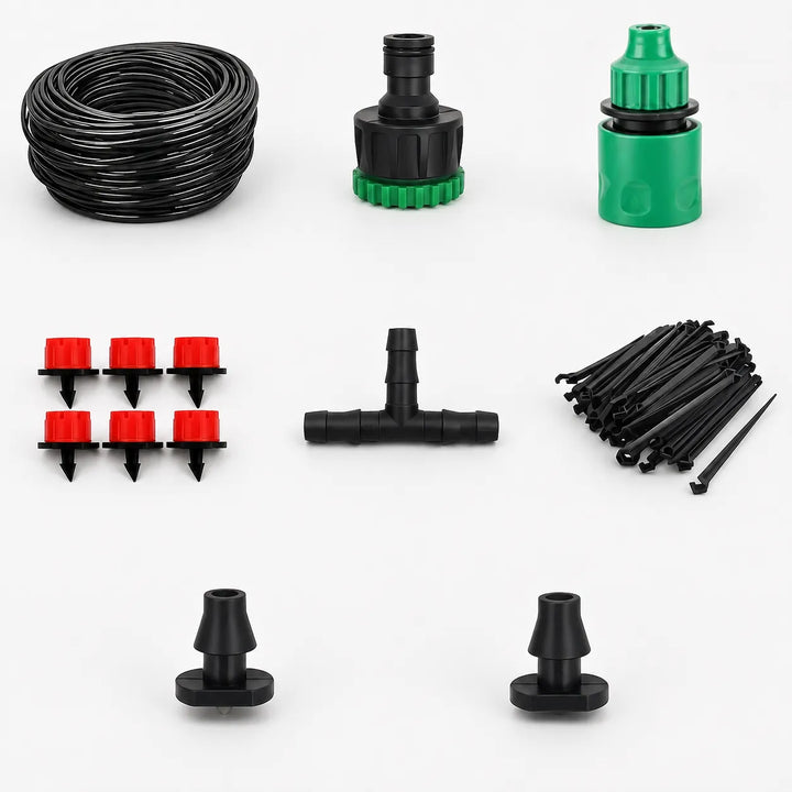 Durable adjustable irrigation drippers designed for easy installation in outdoor garden and potted plant setups.